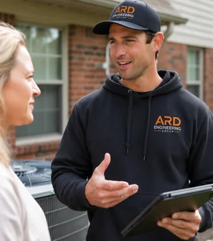 Friendly ARD Engineering Group technician explaining AC repair options to a homeowner in Agoura Hills, CA.