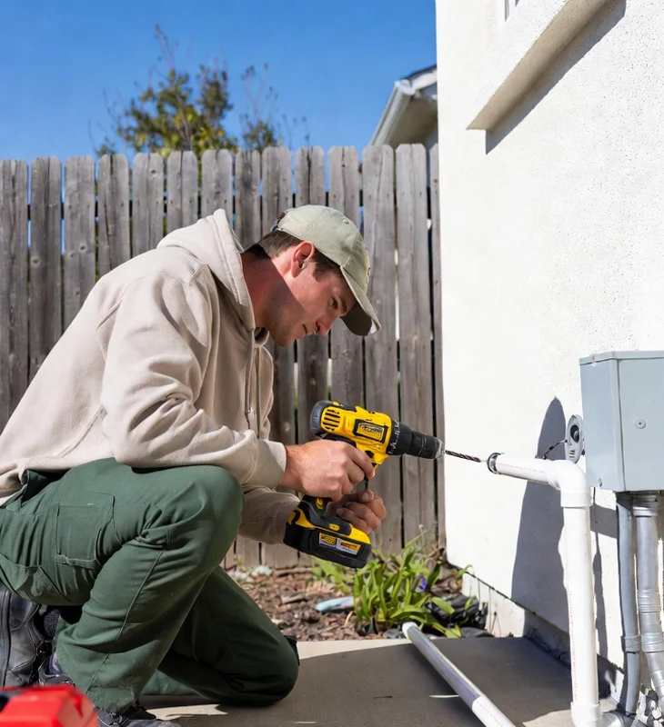 Professional HVAC technician using cordless drill to install piping and electrical conduit on residential exterior in Santa Clarita
