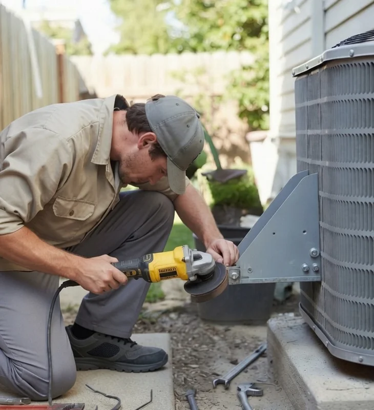 Professional HVAC technician using angle grinder to install mounting bracket on outdoor air conditioning unit in Oxnard, California