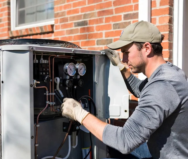 Professional HVAC technician checking electrical components and gauges inside outdoor air conditioning unit in Westlake Village, California