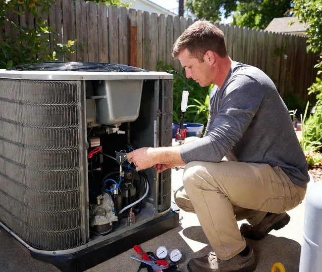 Professional HVAC technician servicing and repairing an outdoor air conditioning unit in Chatsworth, California