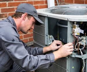 Professional HVAC technician repairing electrical components inside an outdoor air conditioning unit