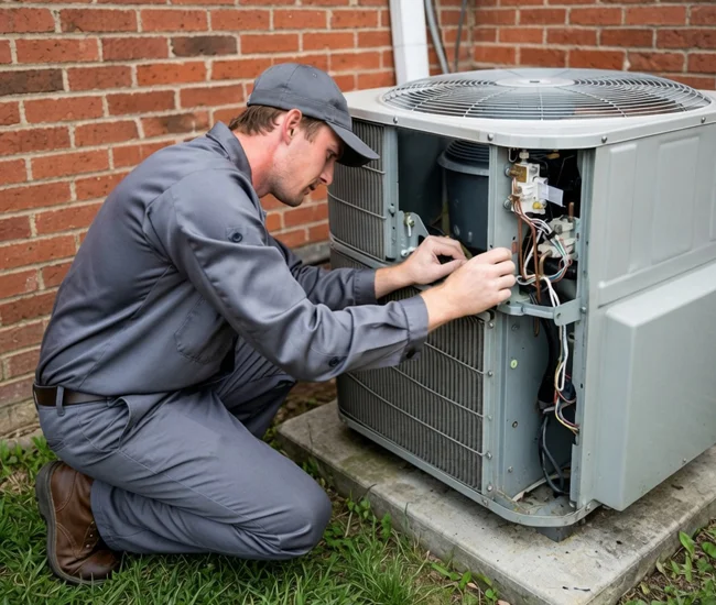 Professional HVAC technician repairing electrical components inside an outdoor air conditioning unit