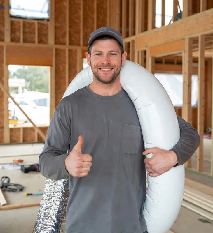 Friendly HVAC technician holding flexible duct and giving thumbs up at new home construction site in Van Nuys, California