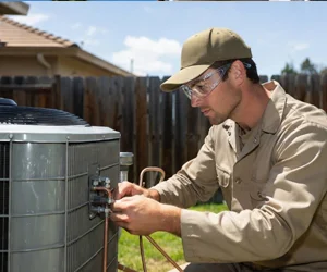 Professional HVAC technician performing maintenance on outdoor air conditioning unit in Camarillo, California