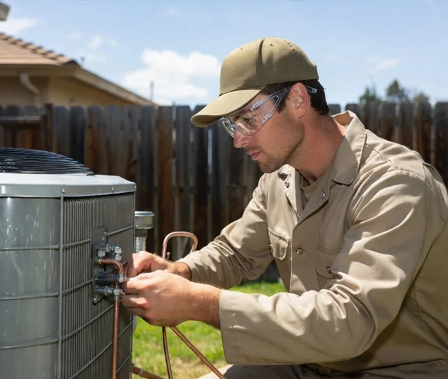 Professional HVAC technician performing maintenance on outdoor air conditioning unit in Camarillo, California