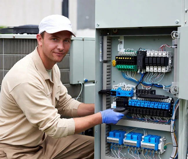 Professional HVAC technician performing electrical work on HVAC control panel in Woodland Hills, California