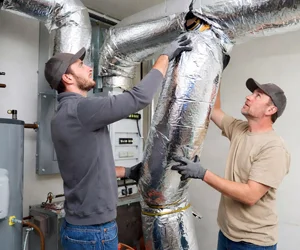 Two professional HVAC technicians working together on large insulated duct installation in Thousand Oaks