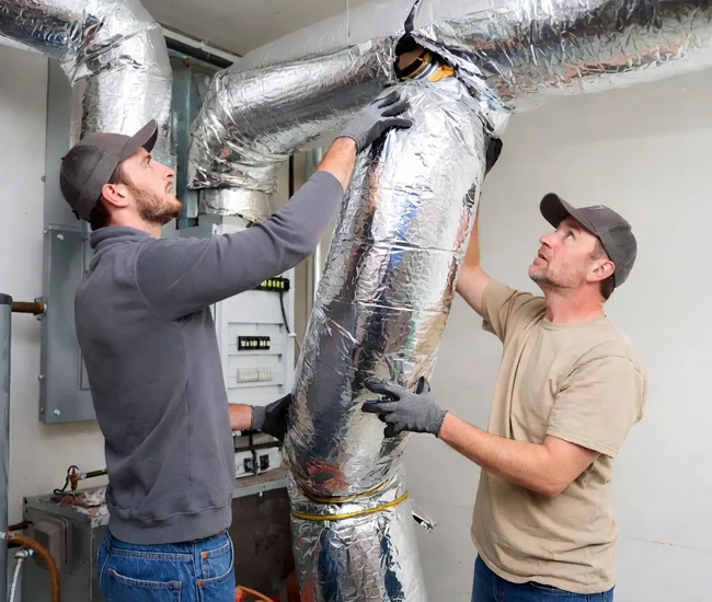 Two professional HVAC technicians working together on large insulated duct installation in Thousand Oaks