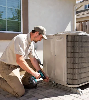 Professional HVAC technician securing outdoor air conditioning unit with power drill on patio in Woodland Hills, California