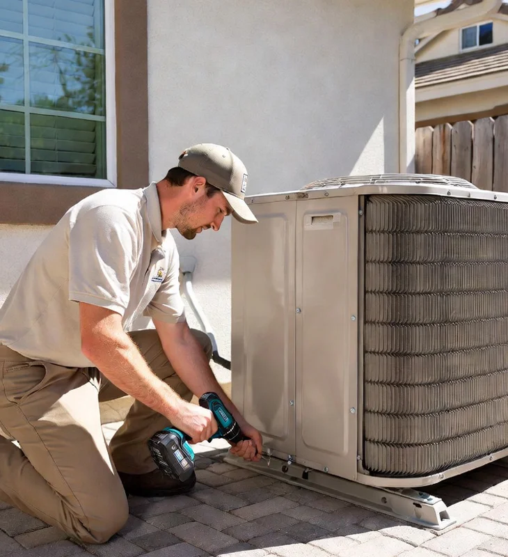 Professional HVAC technician securing outdoor air conditioning unit with power drill on patio in Woodland Hills, California