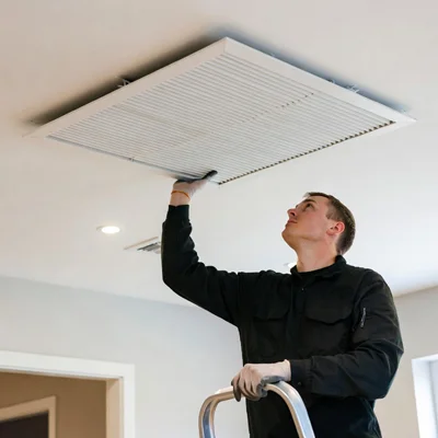 HVAC technician working on ceiling air vent for indoor air quality improvement in Los Angeles, California.