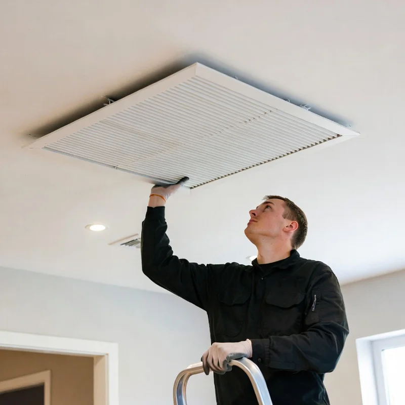 Professional technician installing or maintaining a ceiling air vent for improved indoor air quality in a home in Los Angeles, CA.