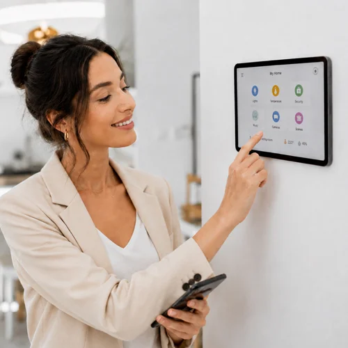 Woman using a modern smart home control panel on the wall for lighting, temperature, security, and more. Professional smart home electrical installation and automation in Los Angeles, CA.