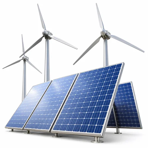 Modern solar panels and wind turbines representing clean renewable energy systems for homes and businesses in Los Angeles, CA.
