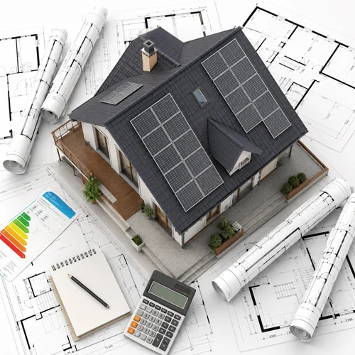 3D model of a modern home with solar panels on the roof surrounded by architectural plans and design tools. Professional solar system design and consultation in Los Angeles, CA.