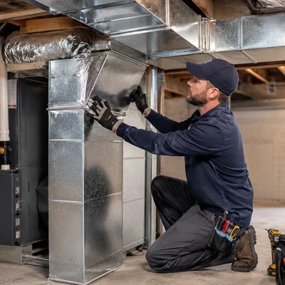 Professional HVAC technician performing ductwork installation and repair in a residential setting in Los Angeles, CA.