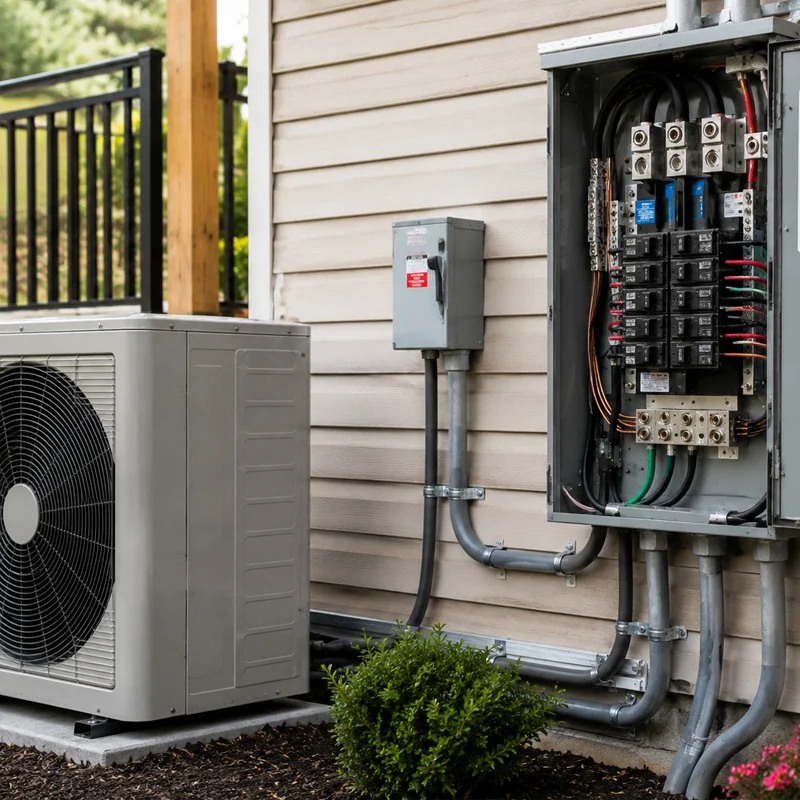 Electrical panel upgrade installed next to a heat pump outdoor unit for proper power supply in Los Angeles, CA.