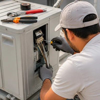 Technician performing urgent heat pump service on outdoor unit in Los Angeles, California.
