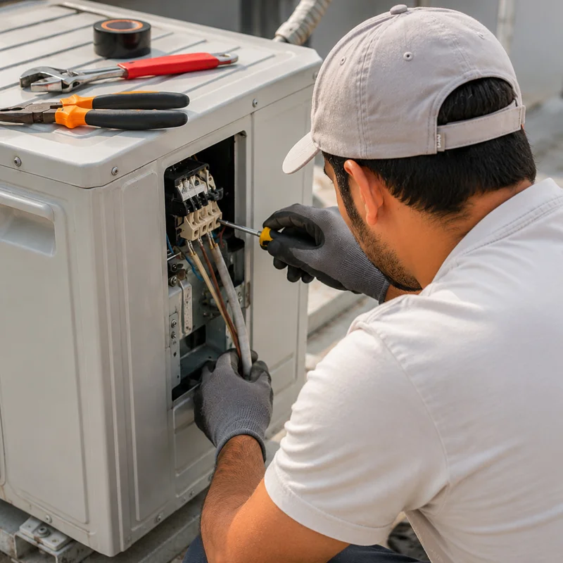 Professional HVAC technician providing emergency heat pump repair and service on the outdoor unit in Los Angeles, CA.