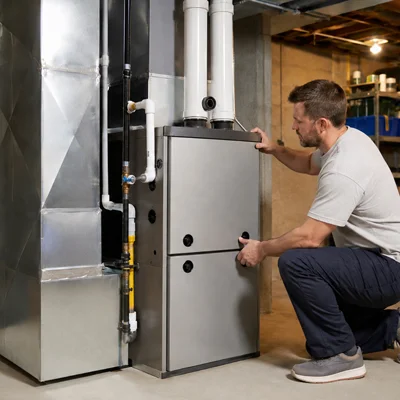 HVAC technician upgrading a high-efficiency heating system in Los Angeles, California.