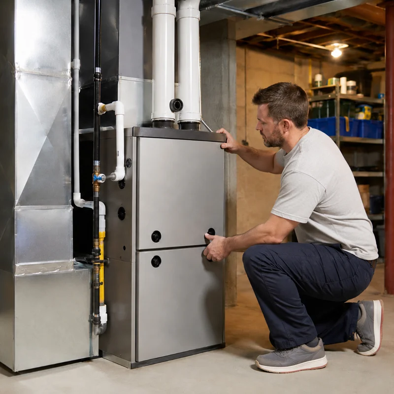 Professional HVAC technician performing energy-efficient heating system upgrade and installation in Los Angeles, CA.