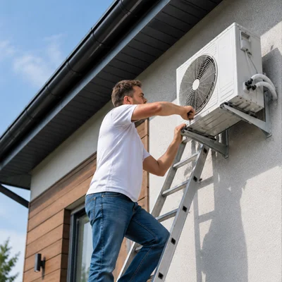 HVAC technician installing heat pump on ladder during residential construction in Los Angeles, California.