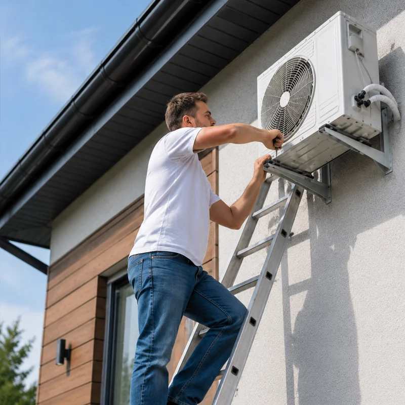 Professional technician on a ladder installing a heat pump outdoor unit during home construction in Los Angeles, CA.