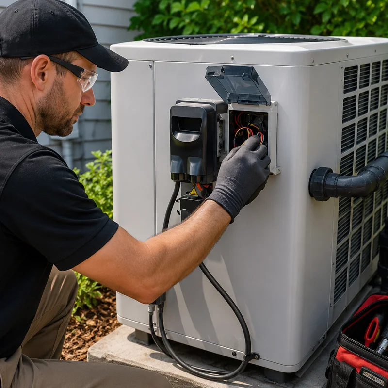 Professional HVAC technician performing heat pump maintenance and tune-up on the outdoor unit in Los Angeles, CA.