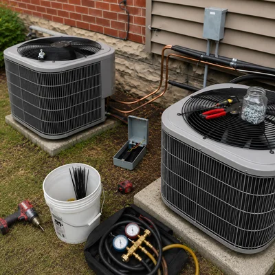 HVAC technician optimizing heating and cooling performance on AC unit in Los Angeles, California.
