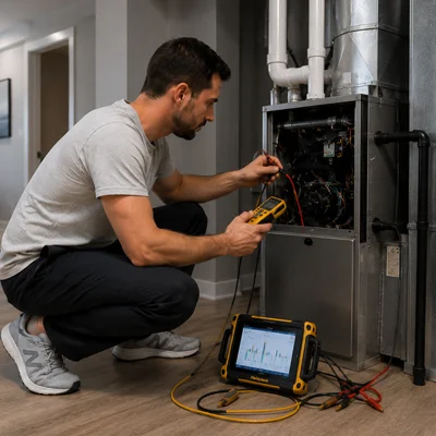 Professional HVAC technician performing heating system diagnostics and performance optimization using advanced tools in Los Angeles, CA.