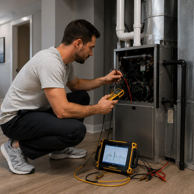 Professional HVAC technician performing heating system diagnostics and performance optimization using advanced tools in Los Angeles, CA.