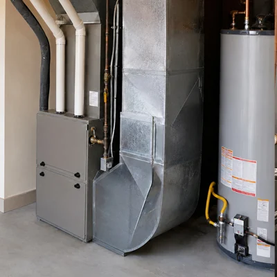Professional installation of a new high-efficiency heating system (furnace) with ductwork in Los Angeles, CA. Heating system conversion and upgrade.
