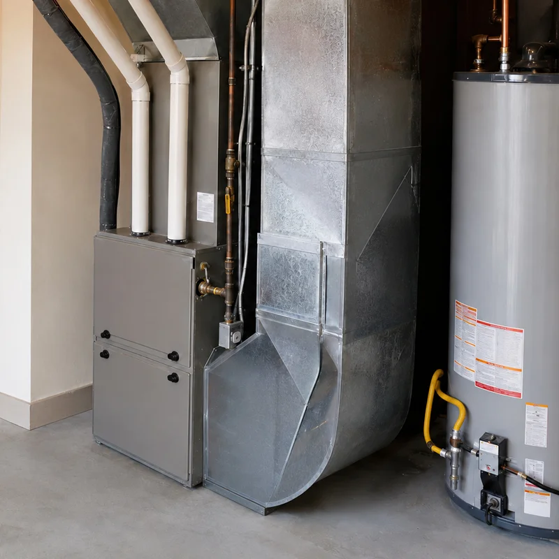 Professional installation of a new high-efficiency heating system (furnace) with ductwork in Los Angeles, CA. Heating system conversion and upgrade.