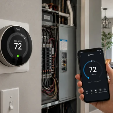Smart thermostat and smartphone app for remote HVAC monitoring in Los Angeles, California.