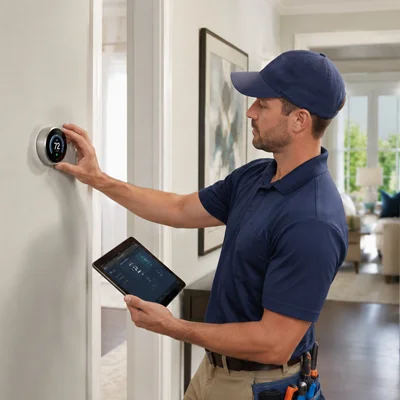 Technician installing a smart thermostat on the wall in Los Angeles, California.