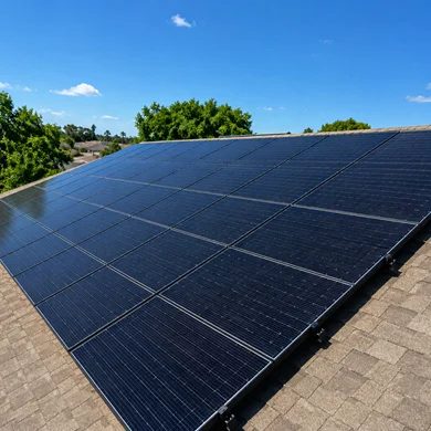 Solar photovoltaic panels installed on rooftop in Westlake Village, California.