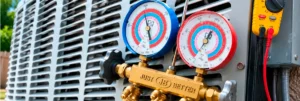 HVAC technician diagnosing a grounded-out AC compressor using manifold gauges and electrical testing equipment.