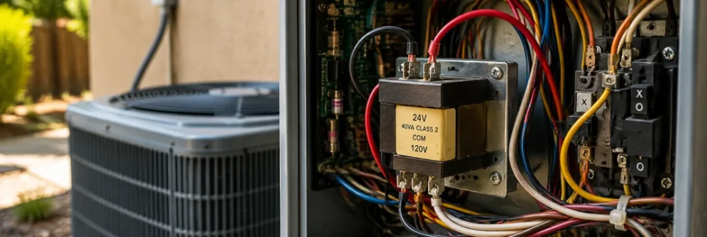 HVAC transformer and electrical wiring inside an AC unit showing a common cause of an air conditioner not cooling.