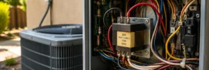 HVAC transformer and electrical wiring inside an AC unit showing a common cause of an air conditioner not cooling.