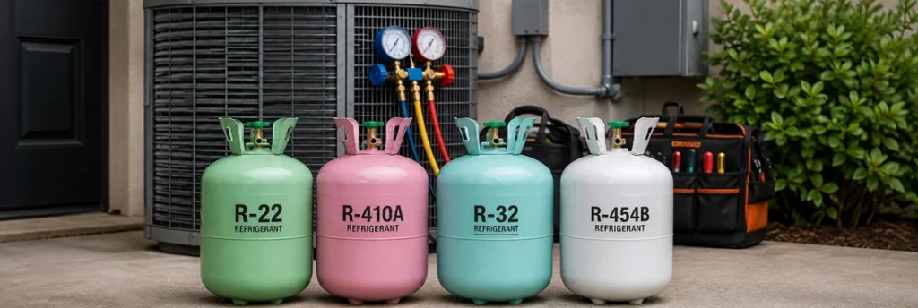 R-22, R-410A, R-32, and R-454B AC refrigerant types shown with HVAC service equipment.