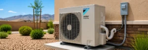 Daikin heat pump outdoor unit installed at a residential property in Victorville, California.