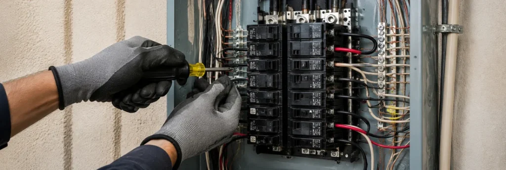 Electrician repairing wiring and connections inside a residential electrical panel in Adelanto, California.