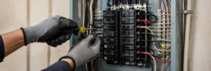 Electrician repairing wiring and connections inside a residential electrical panel in Adelanto, California.