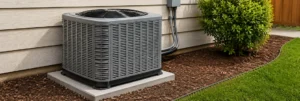 Residential outdoor HVAC unit installed on a concrete pad as part of an air conditioning system replacement.