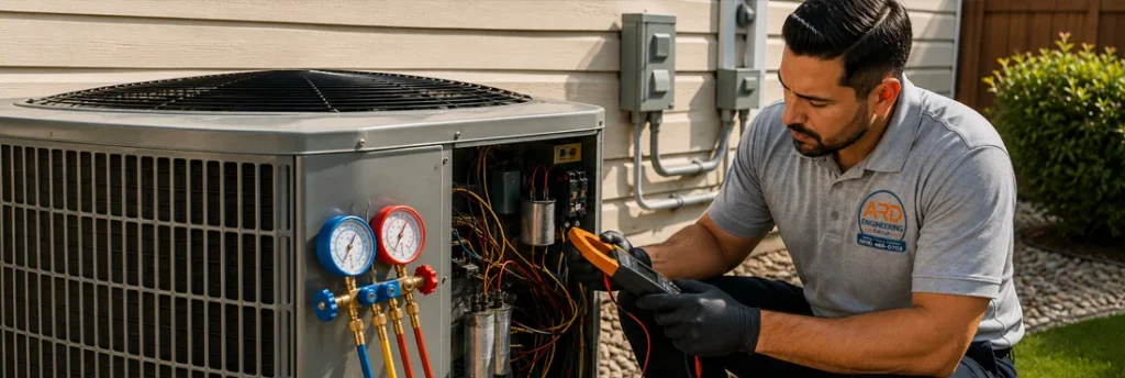 HVAC technician diagnosing an outdoor AC unit with manifold gauges and electrical testing equipment.