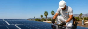 ARD Engineering Group technician inspecting and testing residential solar panels during solar system maintenance in California.