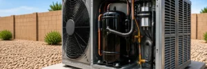 Outdoor AC unit with exposed compressor and internal components illustrating how an air conditioning compressor works.