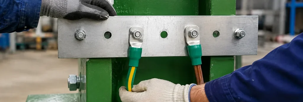 Ground wire connected to a metal grounding bar to provide a safe path for electrical fault current.