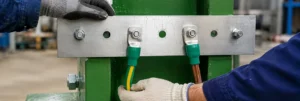 Ground wire connected to a metal grounding bar to provide a safe path for electrical fault current.